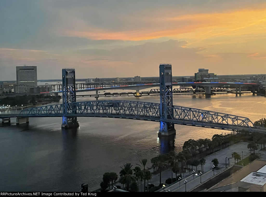 Southbound CSX freight across the St John's River at sundown